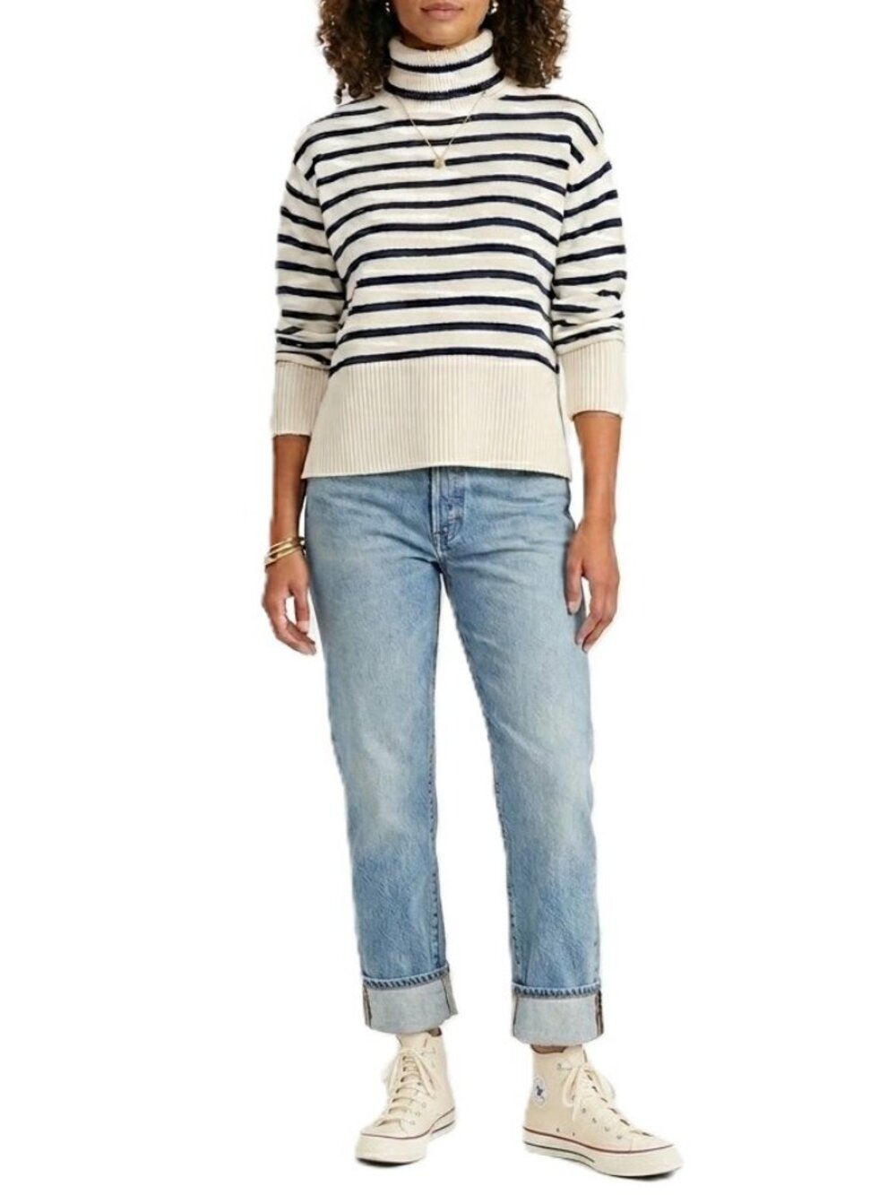 Gap Oversized Striped Cotton Turtleneck Sweater Medium Navy Ecru Breton EUC - Picture 1 of 7